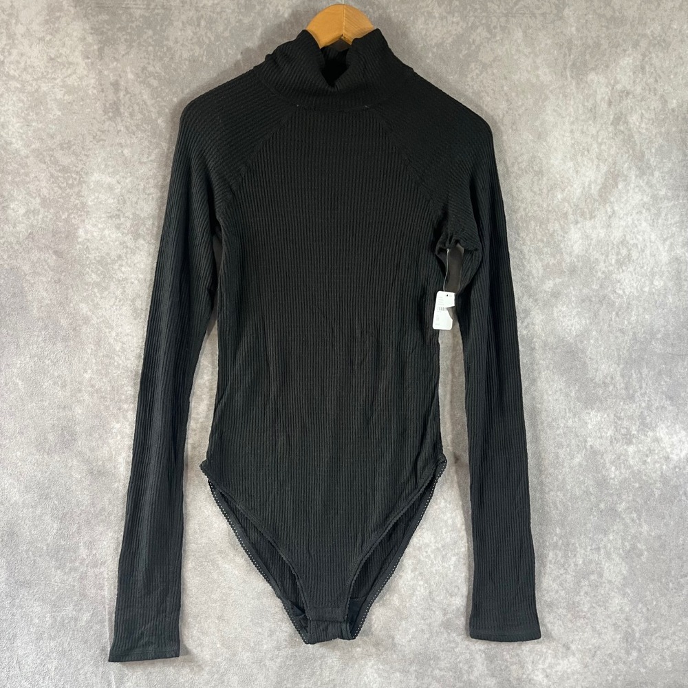 Free‎ People Bodysuit Womens Medium Black Ribbed Turtleneck Long Sleeve NEW